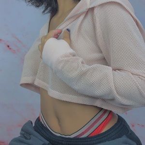 Mesh see through light pink crop hoodie